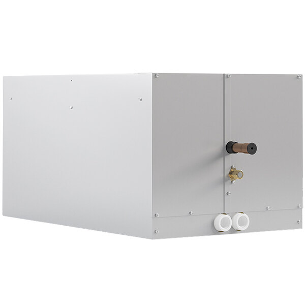 A white box with a black handle containing a MRCOOL Signature downflow evaporator coil.