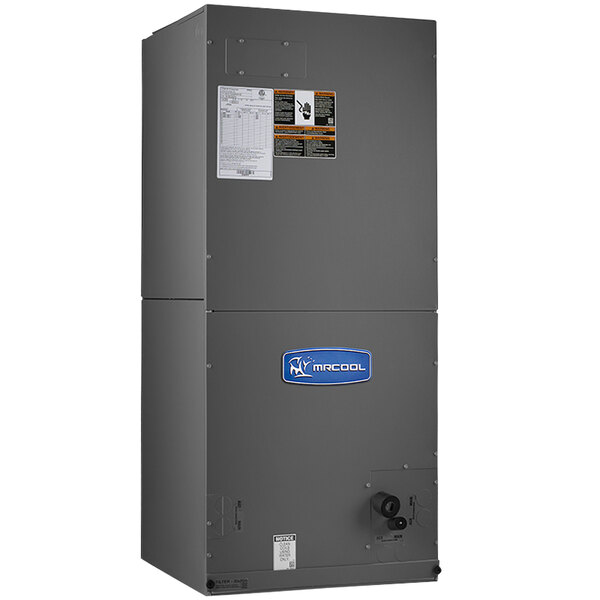 A grey rectangular MRCOOL air handler with a blue label.