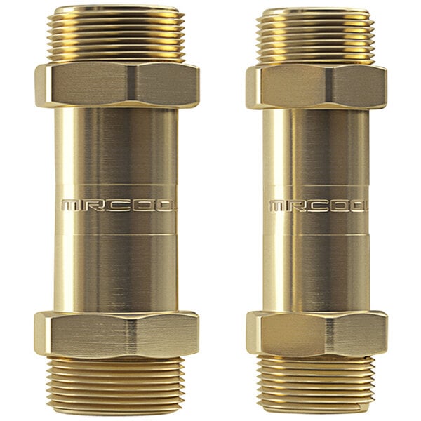 Two brass MRCOOL No-Vac couplers with gold finish.