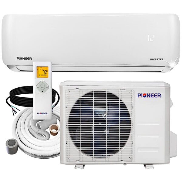 A white Pioneer ductless mini split air conditioner with a remote control.