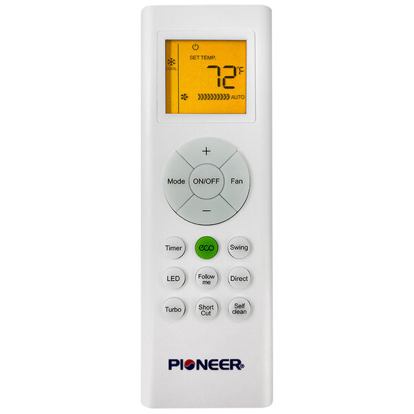 The white Pioneer Series remote control for a mini split with green buttons.