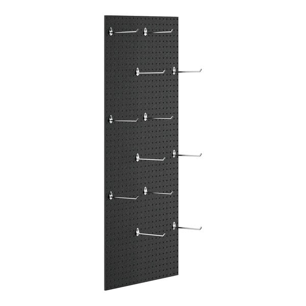 A close-up of a black Cambro Camshelving® pegboard with silver hooks.