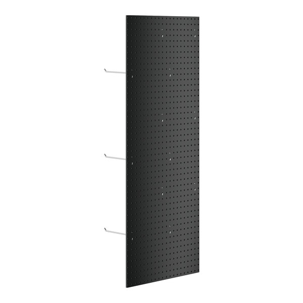 A black peg board with holes and pegs.