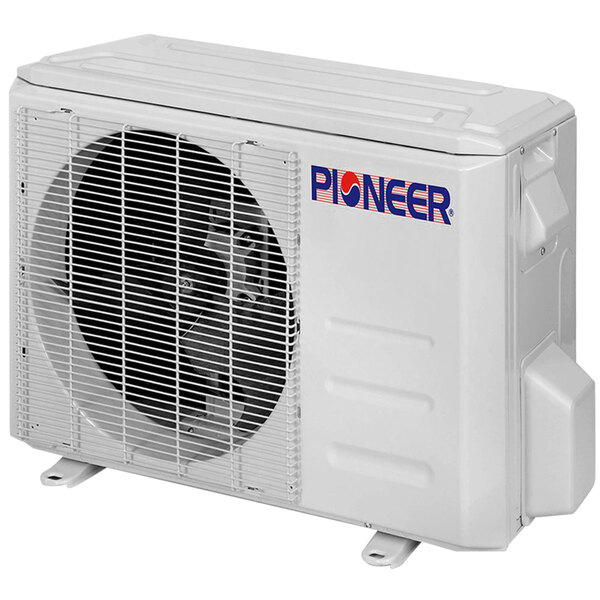 A white Pioneer ductless mini split AC / heat pump with a fan.