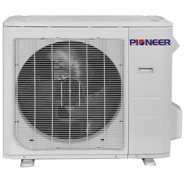 A white Pioneer ductless mini split AC/heat pump machine with a fan.