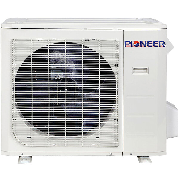 A white Pioneer ductless mini split machine with a fan.