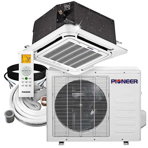 A white Pioneer ceiling cassette mini split AC / heat pump machine with a fan and a black remote control.