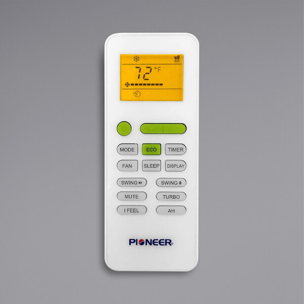 The white remote control for a Pioneer mini split with green buttons.