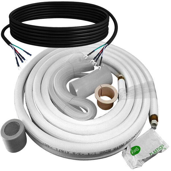 A close-up of a black and white pipe on a white background.