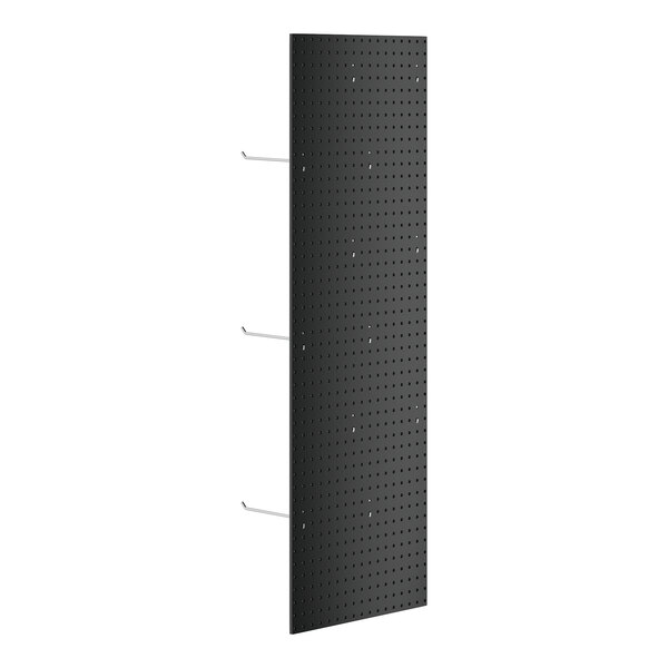 A black pegboard with holes and pegs.