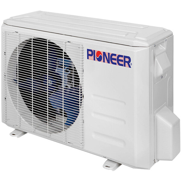 A white Pioneer ceiling cassette mini split AC / heat pump machine with a fan.