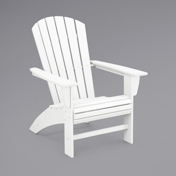 A white POLYWOOD adirondack chair with armrests.