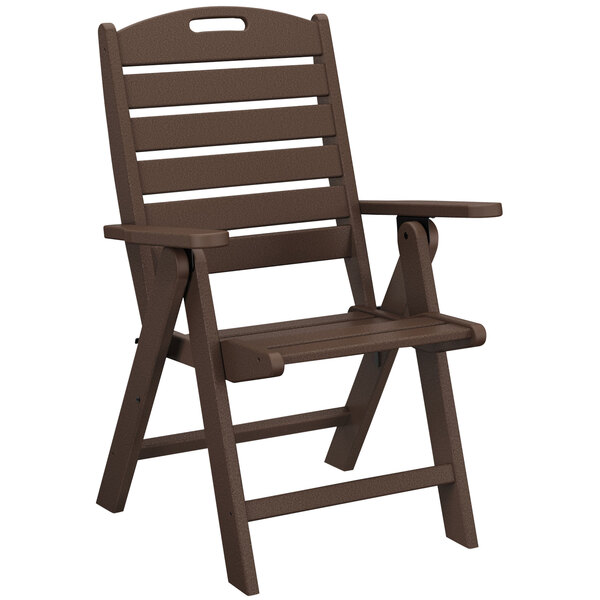 A brown POLYWOOD folding high back chair with armrests.