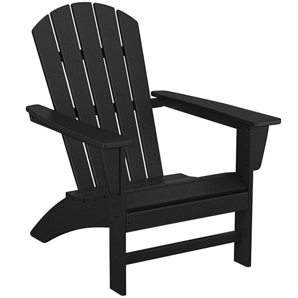 A black POLYWOOD adirondack chair with armrests.