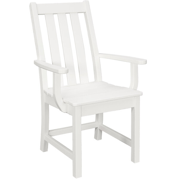 A white POLYWOOD Vineyard dining arm chair with a wooden slat seat.