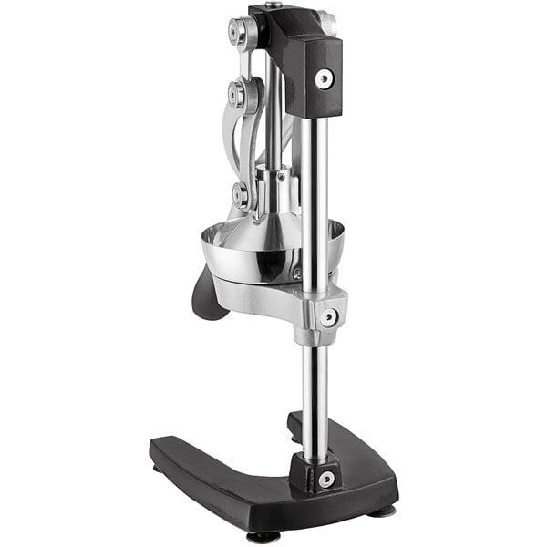 A black and silver Choice Prep manual citrus juicer on a stand.