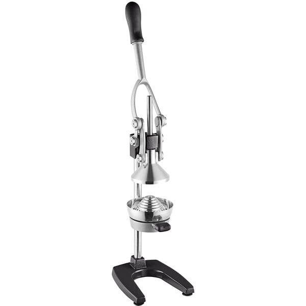 A stainless steel Choice Prep manual citrus juicer with a metal stand and handle.