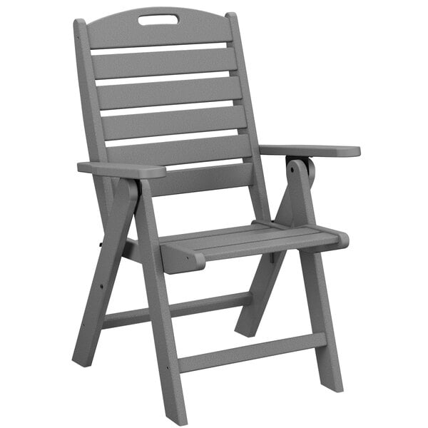 A grey plastic POLYWOOD folding chair with armrests.