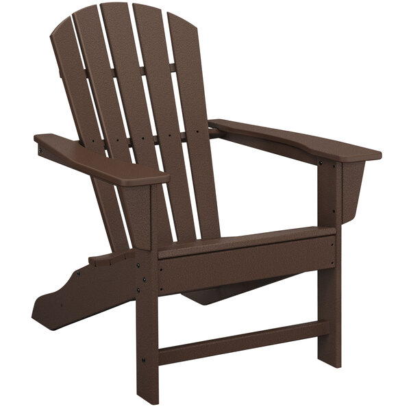A brown POLYWOOD Adirondack chair with armrests.