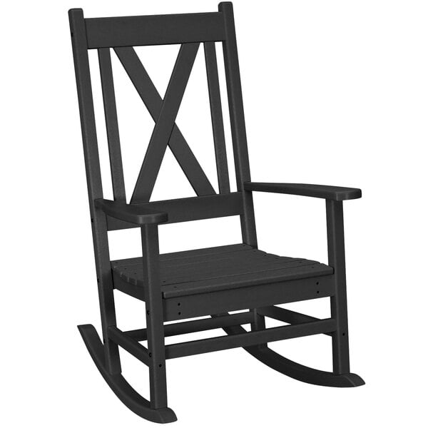 A black POLYWOOD Braxton porch rocking chair with a wooden frame and arms.