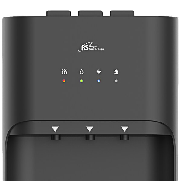 A close up of a black Royal Sovereign bottom load water dispenser with three buttons.