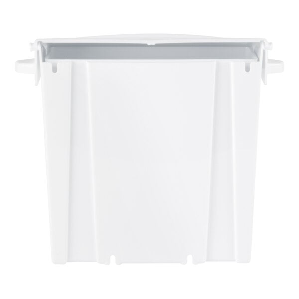 A white rectangular plastic container with a slightly open top and side handles, viewed from the front.
