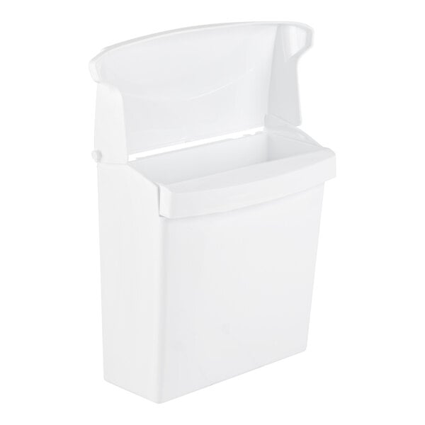 A white rectangular plastic container with a hinged lid, shown open.