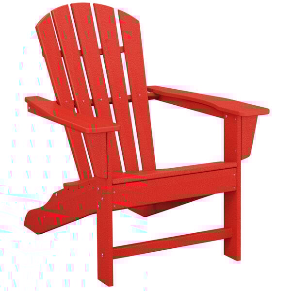 A red POLYWOOD Adirondack chair with armrests.