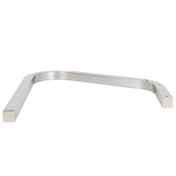 A silver metal arm with a stainless steel Vollrath curved leg.