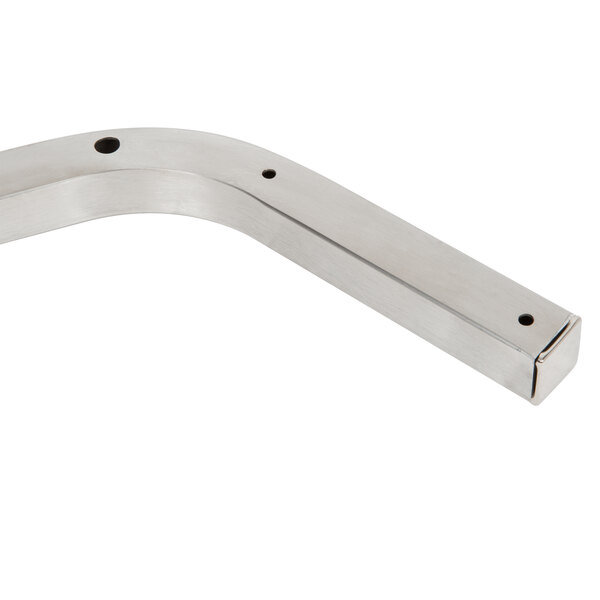 A stainless steel curved bracket with two holes.