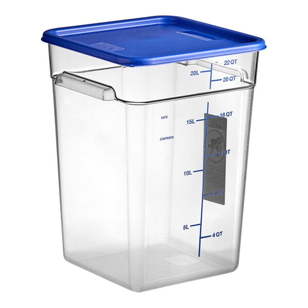 A clear plastic Vigor food storage container with a blue lid.