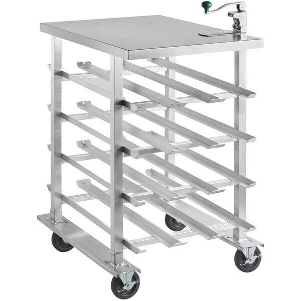 a metal rack with wheels