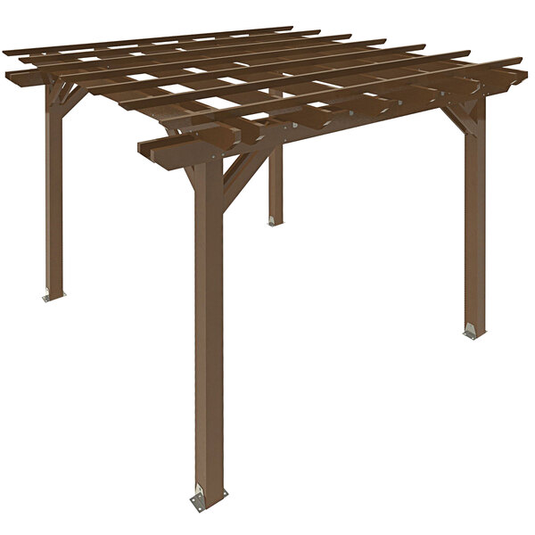 A weathered acorn faux wood pergola with metal supports.