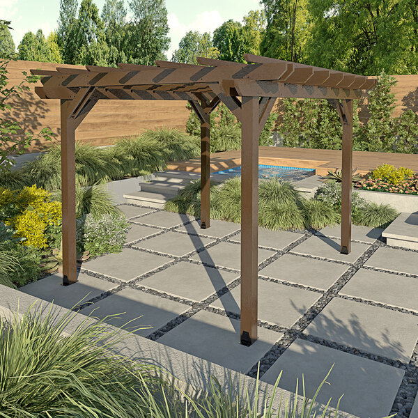 A weathered acorn faux wood pergola in a garden.