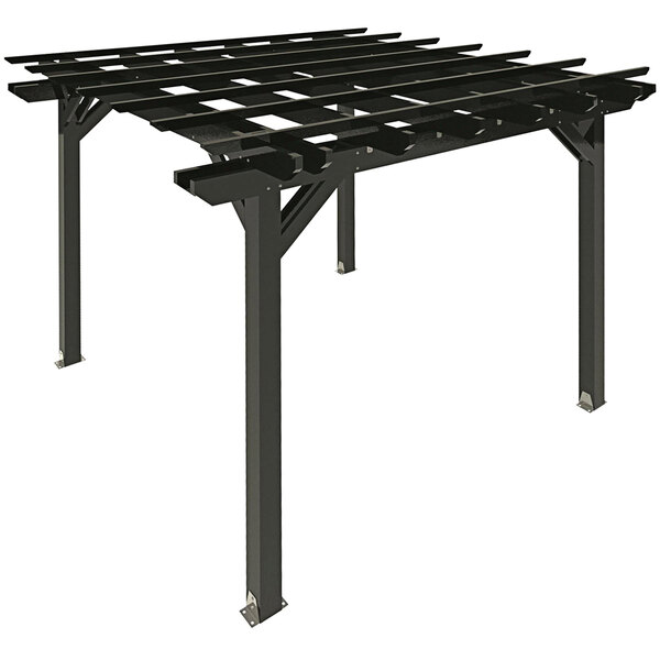 A black metal pergola with a faux wood frame.