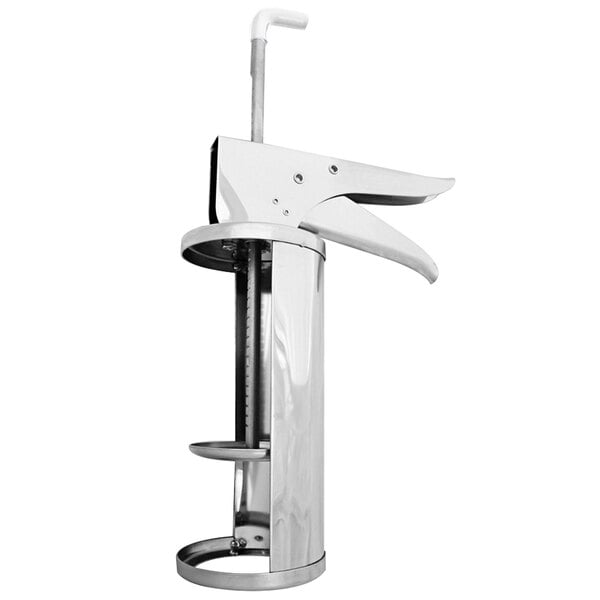 A white metal Prince Castle 1/2 oz. sauce dispenser with a silver metal handle.