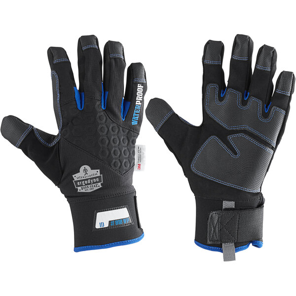 A pair of black Ergodyne ProFlex waterproof work gloves with blue stitching and blue and white text.