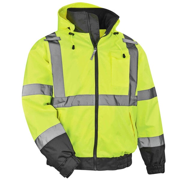 A lime yellow Ergodyne hi-vis bomber jacket with grey reflective stripes.