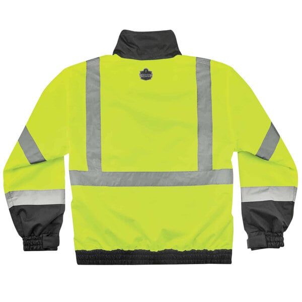 A yellow Ergodyne Bomber Jacket with grey reflective stripes.