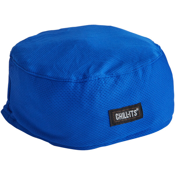 A blue Ergodyne skull cap with a black and white label.