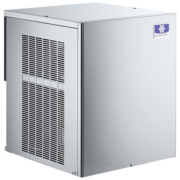 A white Manitowoc air cooled nugget ice machine with a white and silver label.