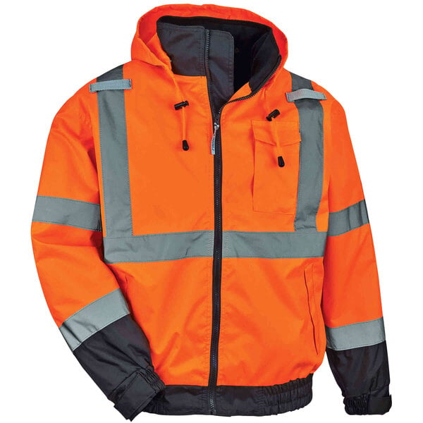 An orange and black Ergodyne GloWear hi-vis jacket with grey stripes.