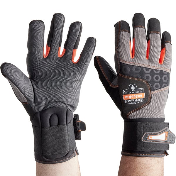 A pair of Ergodyne ProFlex heavy duty work gloves with orange and grey accents.