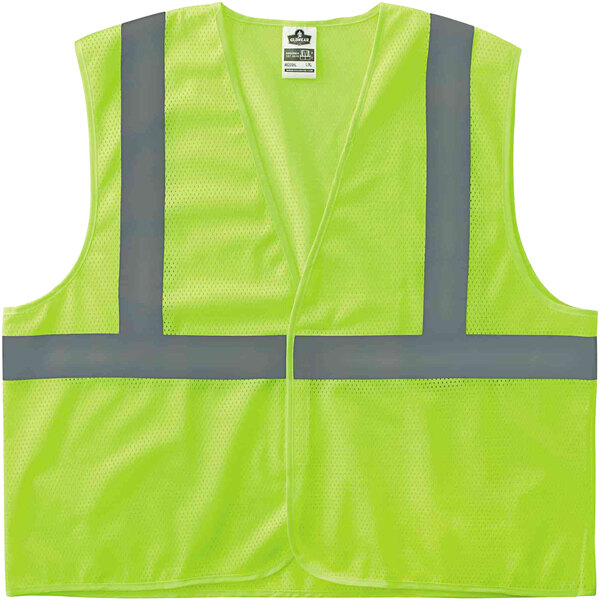 An Ergodyne lime yellow safety vest with grey reflective stripes.