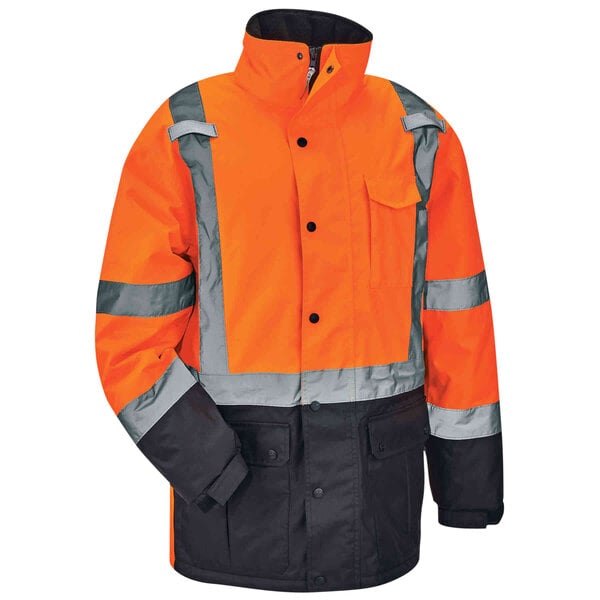 An orange and black Ergodyne safety jacket with reflective stripes.