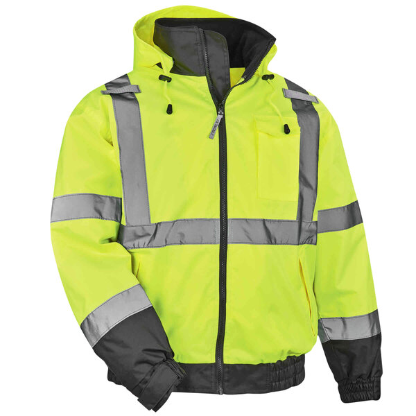 A lime yellow Ergodyne Type R Class 3 hi-vis jacket with grey reflective stripes.