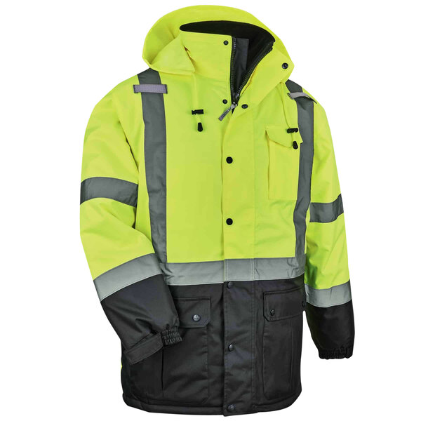 An Ergodyne lime yellow and black Class 3 thermal parka.