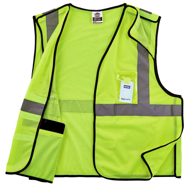 A lime yellow Ergodyne high visibility mesh vest with reflective tape and ID holder.