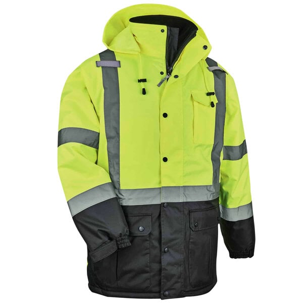 An Ergodyne lime yellow and black high visibility quilted parka with reflective stripes.