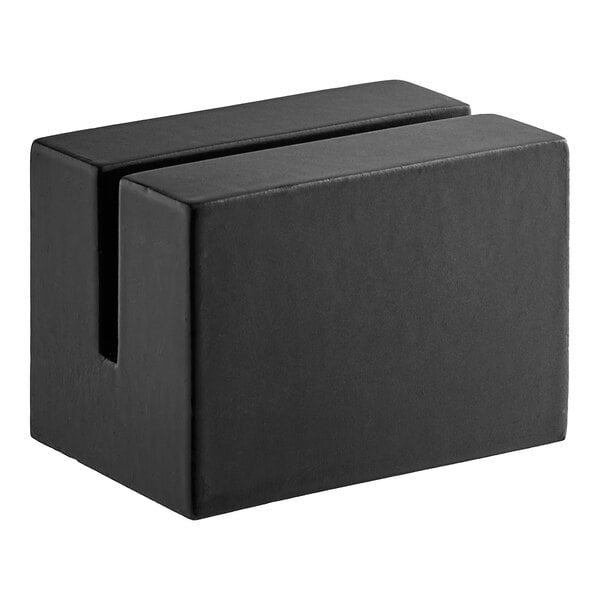A rectangular black aluminum card holder with a hammered texture and a hole in the top.